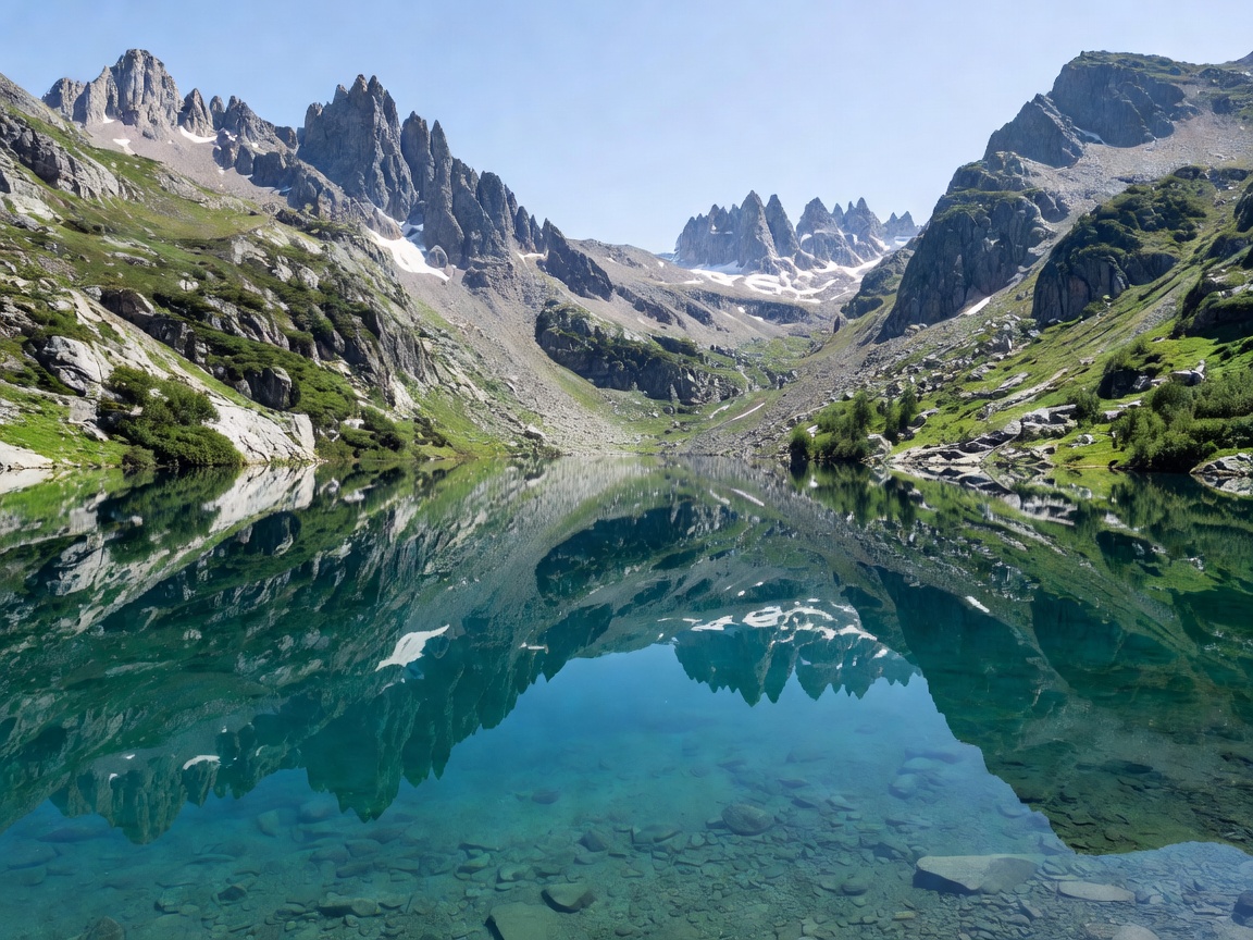 Clear turquoise alpine lake reflecting towering mountain ridges