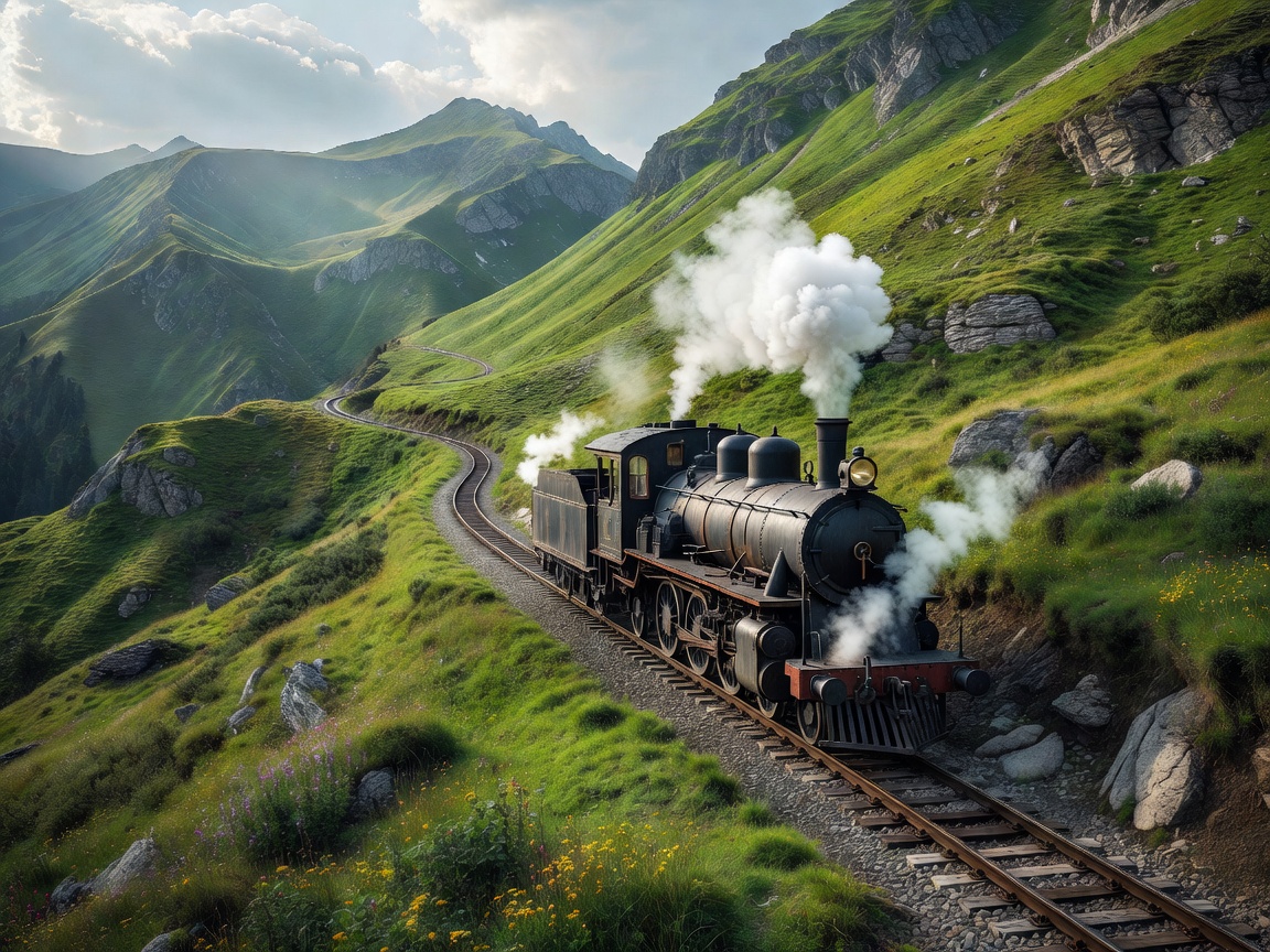 Cogwheel steam train climbing an emerald green alpine mountain pass