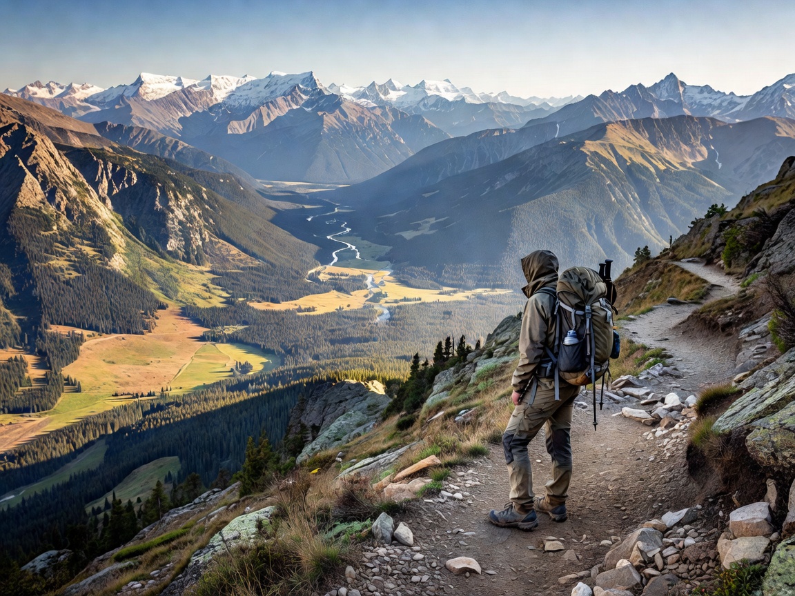 Hiker standing on an alpine trail overlooking expansive valley and mountain ranges