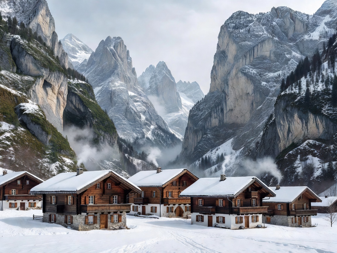 Picturesque wooden chalets in an Austrian mountain village surrounded by steep limestone cliffs
