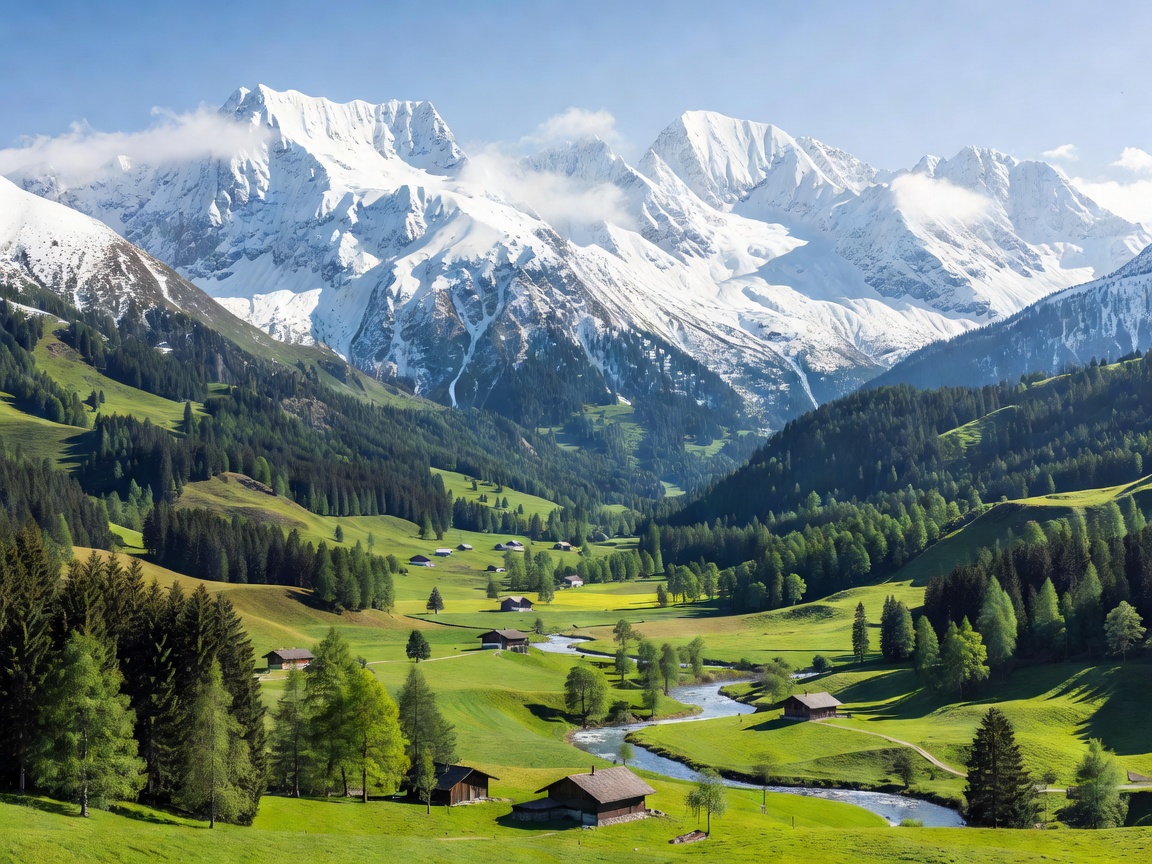 Snow-capped Austrian alpine peaks with lush green valley below